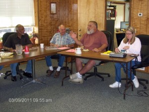 Board Meeting, board members, left to right, Joel Palmer, Board President, Tom McCullough, General Manager, Jerry Holldber, Board Secretary, Becky Smith