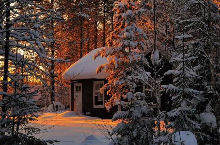 Image, cabin in snow.